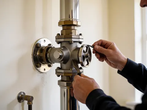 Une main utilise un outil pour ajuster une vanne de sécurité sur un tuyau métallique de chauffage, devant un mur blanc. Détail d'une intervention de réparation.