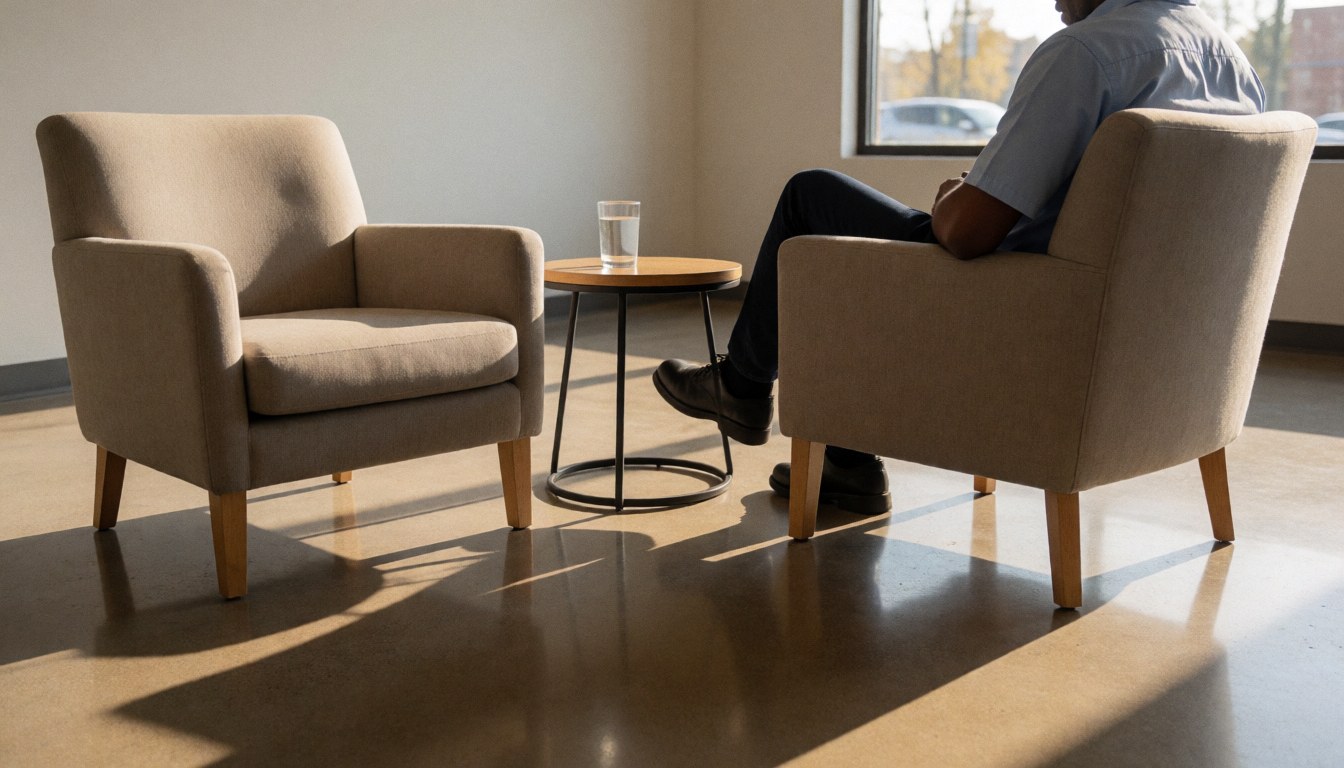 Une personne est assise sur une chaise dans un espace lumineux avec une table d'eau et un sol poli, idéal pour la page d'accueil d'un site web d'entraîneur de boxe.