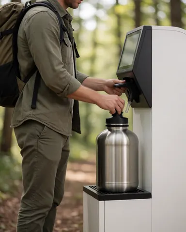 Un adulte avec un sac à dos remplit une bouteille d'eau réutilisable à une station d'eau potable dans un environnement boisé.
