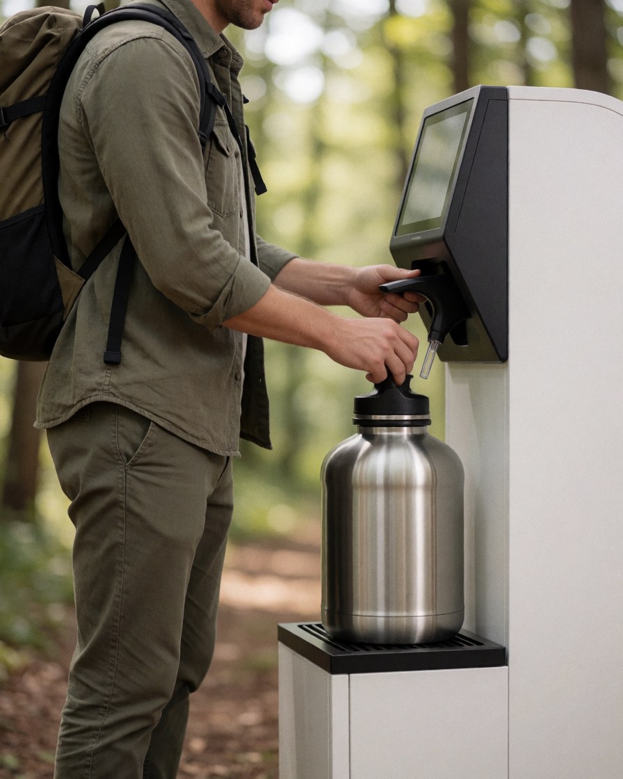 Un adulte avec un sac à dos remplit une bouteille d'eau réutilisable à une station d'eau potable dans un environnement boisé.