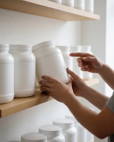 Des mains saisissent un contenant de protéine sur une étagère en bois, adapté à un contexte de vente de produits de fitness.