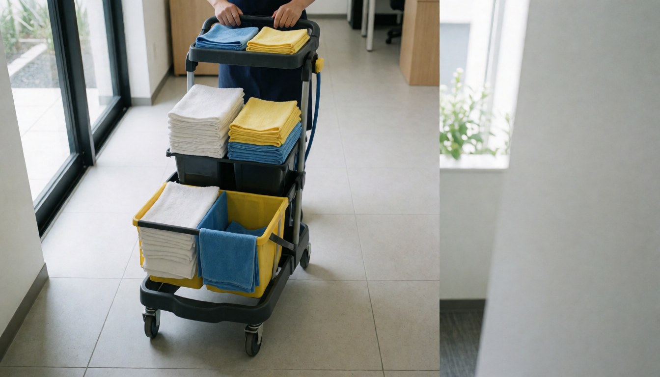 Chariot de nettoyage équipé de serviettes blanches, bleues et jaunes, positionné dans un couloir de bureau moderne éclairé par la lumière naturelle.