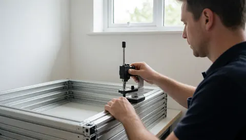 Un technicien ajuste une fenêtre en aluminium à l'aide d'un mesureur de précision dans un environnement intérieur propre et professionnel éclairé par la lumière naturelle.
