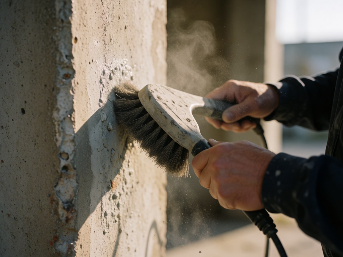 Une main tenant une brosse nettoie la peinture sur un mur en béton. La lumière naturelle éclaire la scène, mettant en valeur l'action de nettoyage et les détails de la surface.
