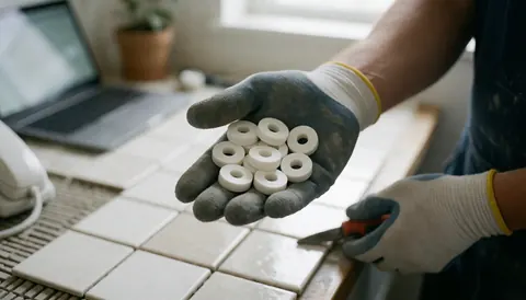 Gloves hands holding white spacers on installed tiles, cutting tool visible, ongoing tiling work