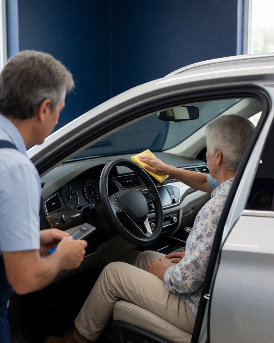 Un client examine l'habitacle d'une voiture tandis qu'un employé la nettoie avec un chiffon jaune dans un atelier aux murs bleus.