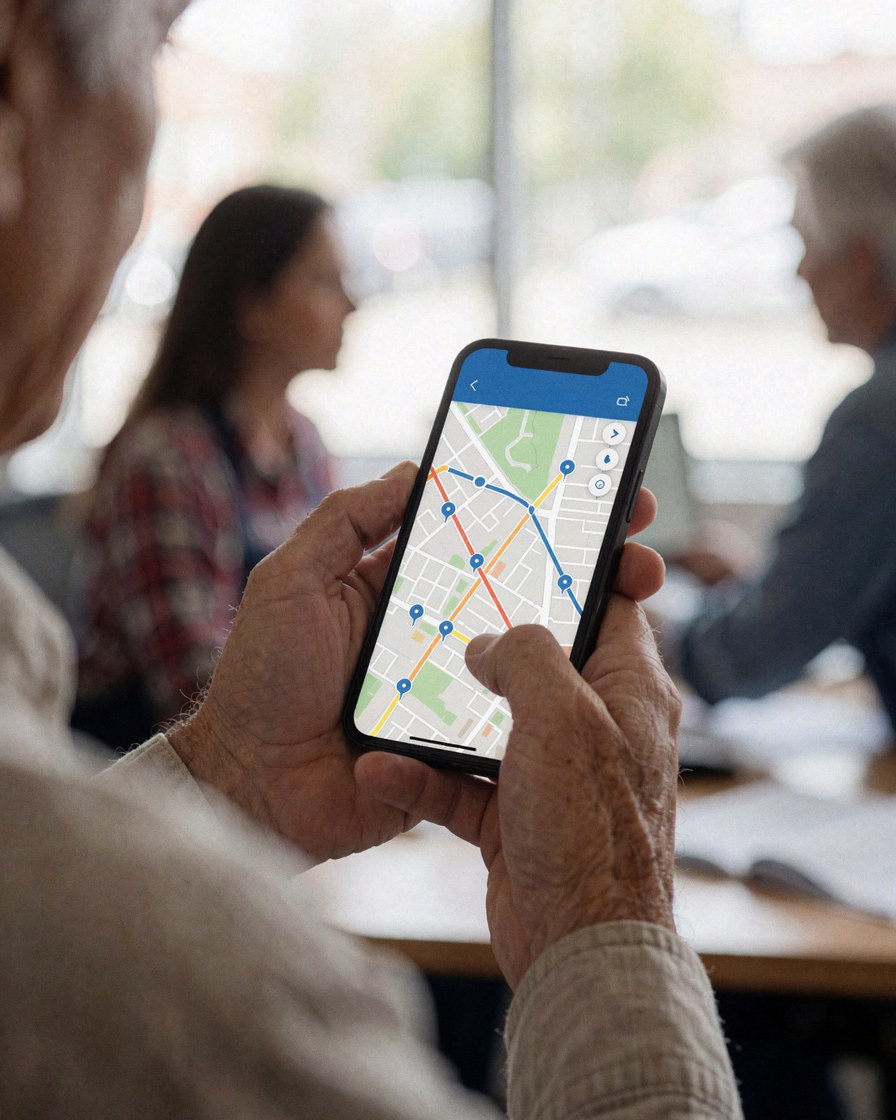 Coordinateur logistique dernière millénaire utilisant une application de cartographie numérique sur son téléphone portable dans un bureau lumineux avec un client en arrière-plan.