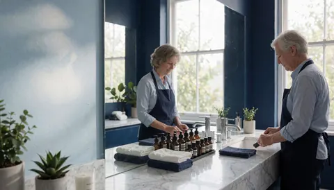 Deux personnes organisent des bouteilles de bain et des serviettes dans une salle de bain moderne aux murs bleus et à la lumière naturelle.
