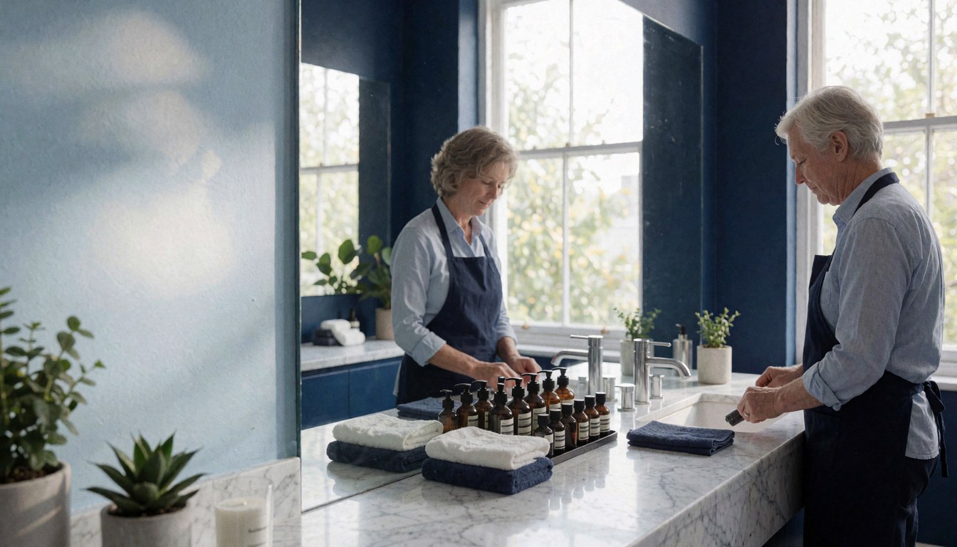 Deux personnes organisent des bouteilles de bain et des serviettes dans une salle de bain moderne aux murs bleus et à la lumière naturelle.