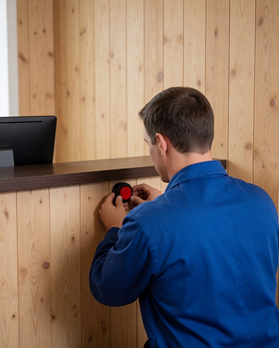 Un technicien en uniforme bleu fixe un bouton d'alarme rouge sous un comptoir en bois, sur un mur de panneaux, lors d'une intervention de réparation.