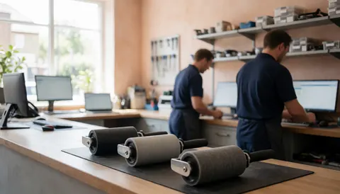 Trois rouleaux de tambour neufs posés sur une surface sombre dans un atelier, avec des techniciens travaillant sur des ordinateurs en arrière-plan.