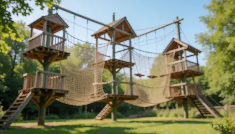 Arrière-plan flou d'un parc d'aventure avec des structures en bois, des filets d'escalade et de l'herbe verte sous un ciel bleu éclatant.