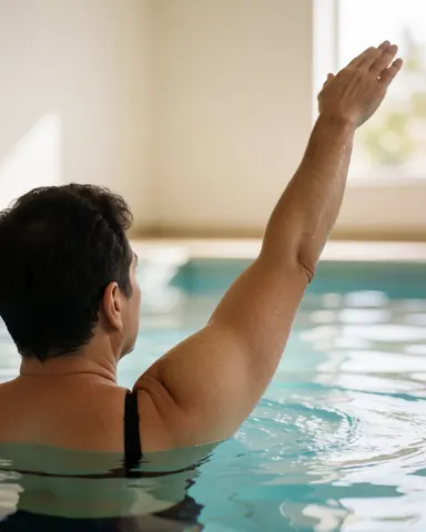 Vue arrière d'un adulte nageant dans une piscine à eau claire, bras levé, murs clairs, idéal pour un entraîneur de natation.