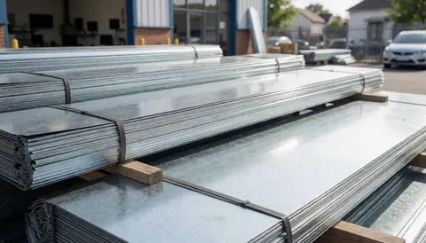 Des tôles galvanisées empilées sur des palets en bois dans un entrepôt industriel, adaptées aux entreprises de toiture et de couverture.