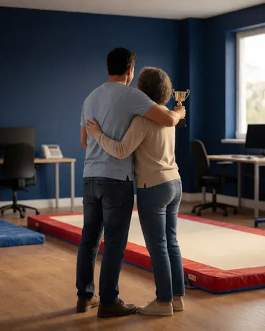 Une cliente et son coach de gymnastique se serrent dans les bras dans un gymnastique avec un trophée, un matelas rouge et des murs bleus, baignés de lumière naturelle.