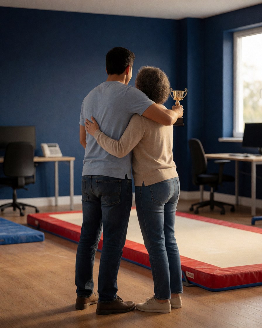 Une cliente et son coach de gymnastique se serrent dans les bras dans un gymnastique avec un trophée, un matelas rouge et des murs bleus, baignés de lumière naturelle.