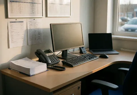 Bureau de travail équipé d'un ordinateur, d'un téléphone et de papiers, avec des murs affichant des graphiques et une lumière naturelle entrant par la fenêtre.