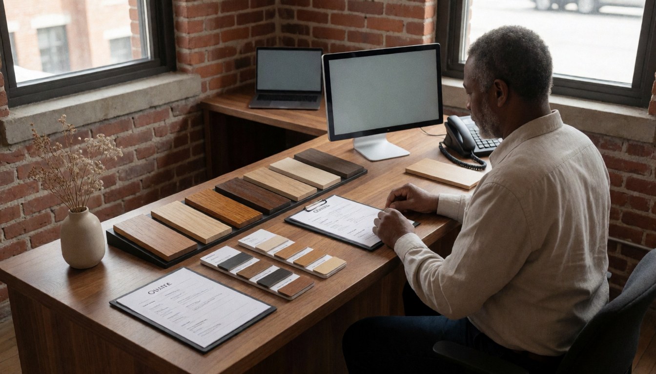 Un professionnel vérifie des échantillons de finitions sur une table en bois dans un atelier avec un mur de briques et une lumière naturelle.