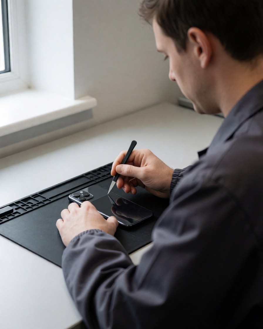 Technicien de réparation utilisant un outil en plastique sur un tapis antistatique dans un environnement professionnel éclairé par la lumière naturelle.