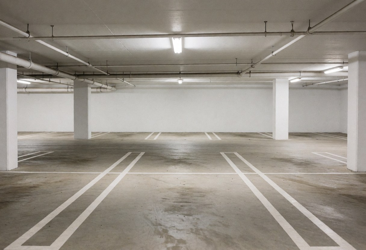Parking souterrain vide avec sol en béton marqué, colonnes blanches et éclairage fluorescent, adapté aux entreprises.