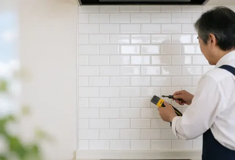 Un carrelleur applique de la graisse sur des carreaux blancs brillants avec un outil dans une cuisine moderne éclairée par la lumière naturelle.