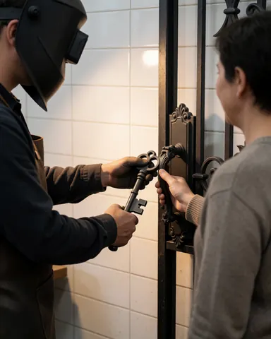 Un client souriant reçoit une clé forgée des mains d'un artisan ferronnier portant un casque et un gilet en cuir, devant une porte en fer forgé.