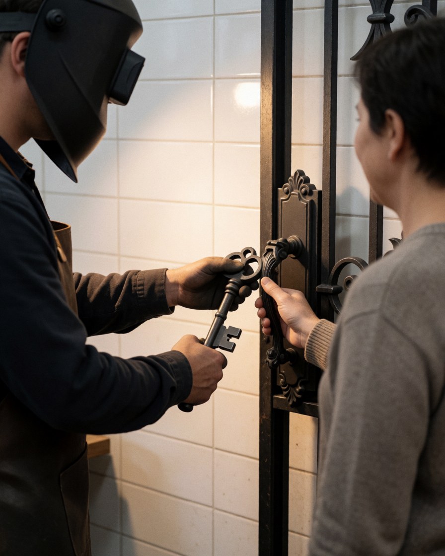 Un client souriant reçoit une clé forgée des mains d'un artisan ferronnier portant un casque et un gilet en cuir, devant une porte en fer forgé.