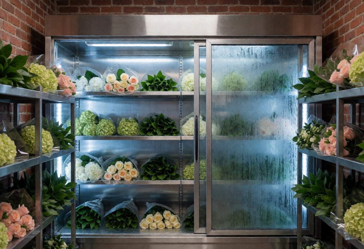 Entrepôt de fleurs avec réfrigérateur en acier inoxydable, murs en briques et fleurs fraîches emballées dans du plastique, idéal pour une floristerie.