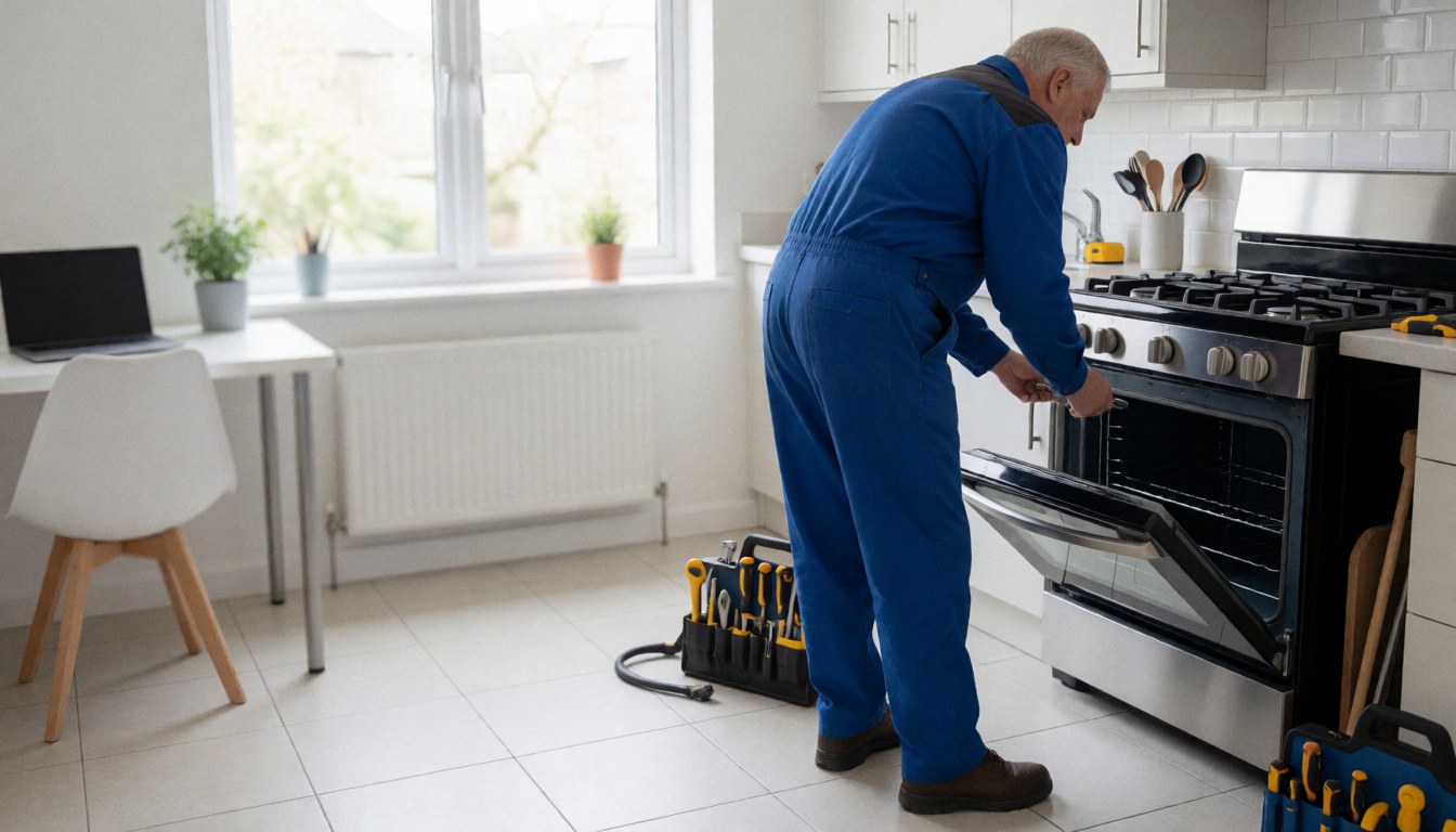 Un technicien en uniforme bleu installe une cuisinière en acier inoxydable dans une cuisine moderne avec des carreaux blancs et des outils organisés.