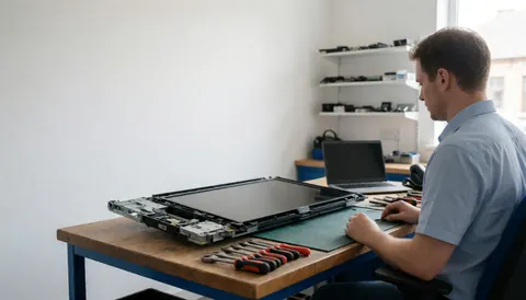 Technicien réparant un téléviseur démonté sur une table de travail avec des outils, des étagères de pièces et de la lumière naturelle dans un atelier de réparation électronique.
