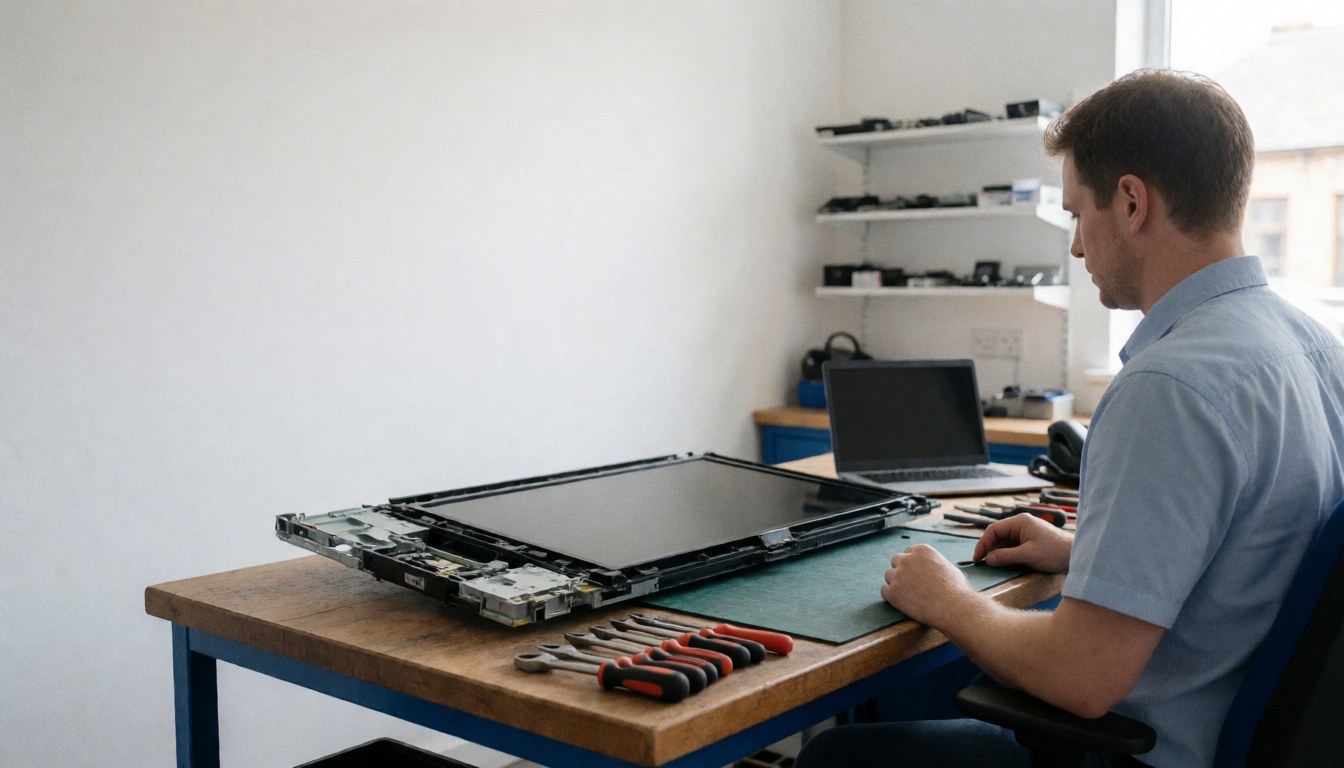 Technicien réparant un téléviseur démonté sur une table de travail avec des outils, des étagères de pièces et de la lumière naturelle dans un atelier de réparation électronique.