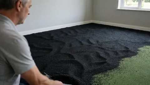 Un homme installe un sol de tennis avec des granulats noirs sur une pelouse verte dans une pièce avec des murs gris et une lumière naturelle.