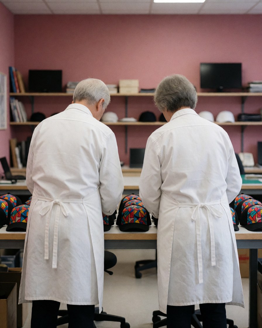 Deux ouvriers en tabliers blancs vérifient des hoodies à motifs géométriques sur une table dans un atelier à mur rose