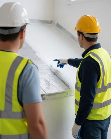 Deux ouvriers en casques et gilets de sécurité examinent un mur intérieur fraîchement peint en blanc pour vérifier la qualité du travail.