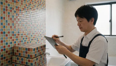 Un installateur professionnel pose des carreaux de verre dans une salle de bain rénovée, entouré de boîtes de produits et de reflets lumineux.