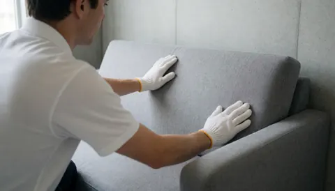 Un tapissier professionnel avec des gants ajuste le tissu d'un canapé moderne gris devant un mur en béton, éclairé par une lumière naturelle douce.