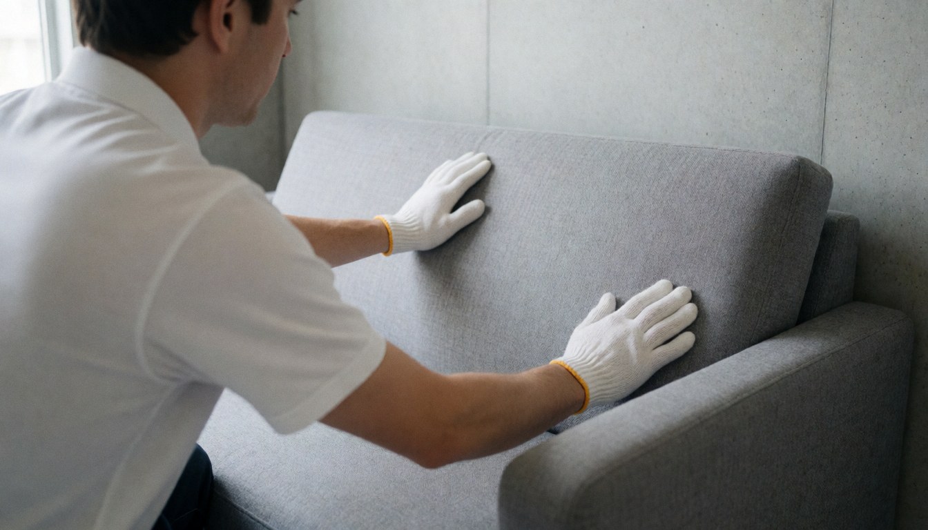 Un tapissier professionnel avec des gants ajuste le tissu d'un canapé moderne gris devant un mur en béton, éclairé par une lumière naturelle douce.