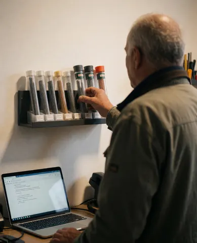 Cliente sélectionnant des rouleaux de soudure TIG dans un atelier avec un ordinateur portable sur un bureau et des murs blancs