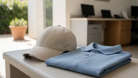 Casquette de golf et chemise polo bleue pliée sur un banc en extérieur, avec lumière naturelle et fond d'office, idéal pour instructeur de golf.