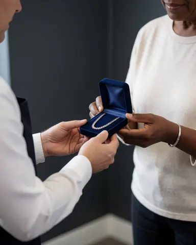 Une cliente reçoit une chaîne polie dans une boîte bleue. Des mains et des murs gris sont visibles dans un atelier de réparation de montres.