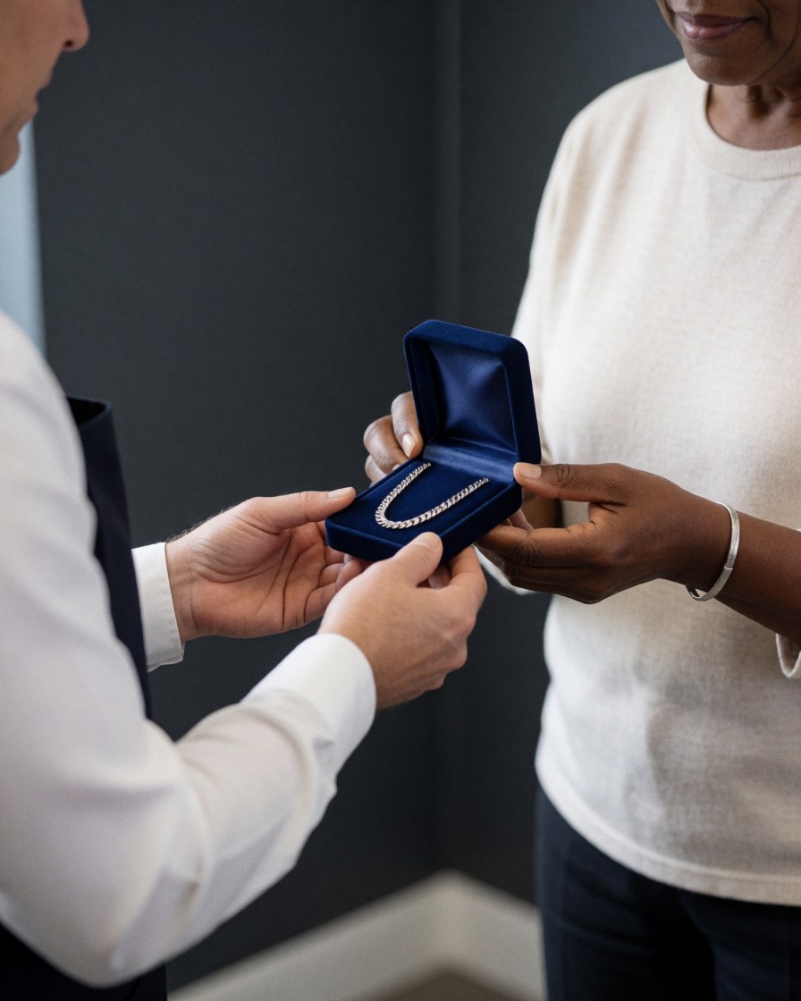 Une cliente reçoit une chaîne polie dans une boîte bleue. Des mains et des murs gris sont visibles dans un atelier de réparation de montres.