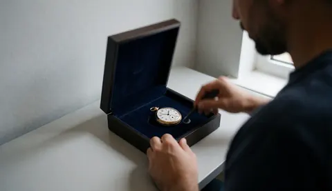 Un horloger répare une montre de poche vintage posée dans un écrin en bois doublé de velours bleu, sur une table de travail dans un atelier aux murs gris.