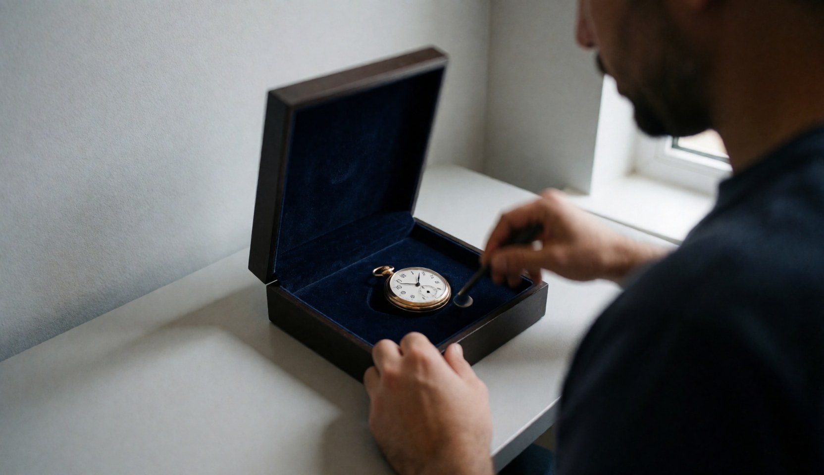 Un horloger répare une montre de poche vintage posée dans un écrin en bois doublé de velours bleu, sur une table de travail dans un atelier aux murs gris.