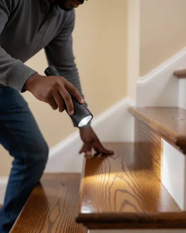 Une cliente examine un escalier en bois traité récemment à l'aide d'une lampe de poche dans un intérieur aux murs beige.
