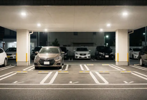 Véhicule garé dans un parking couvert avec marquages au sol visibles et éclairage artificiel, adapté aux services de transport.