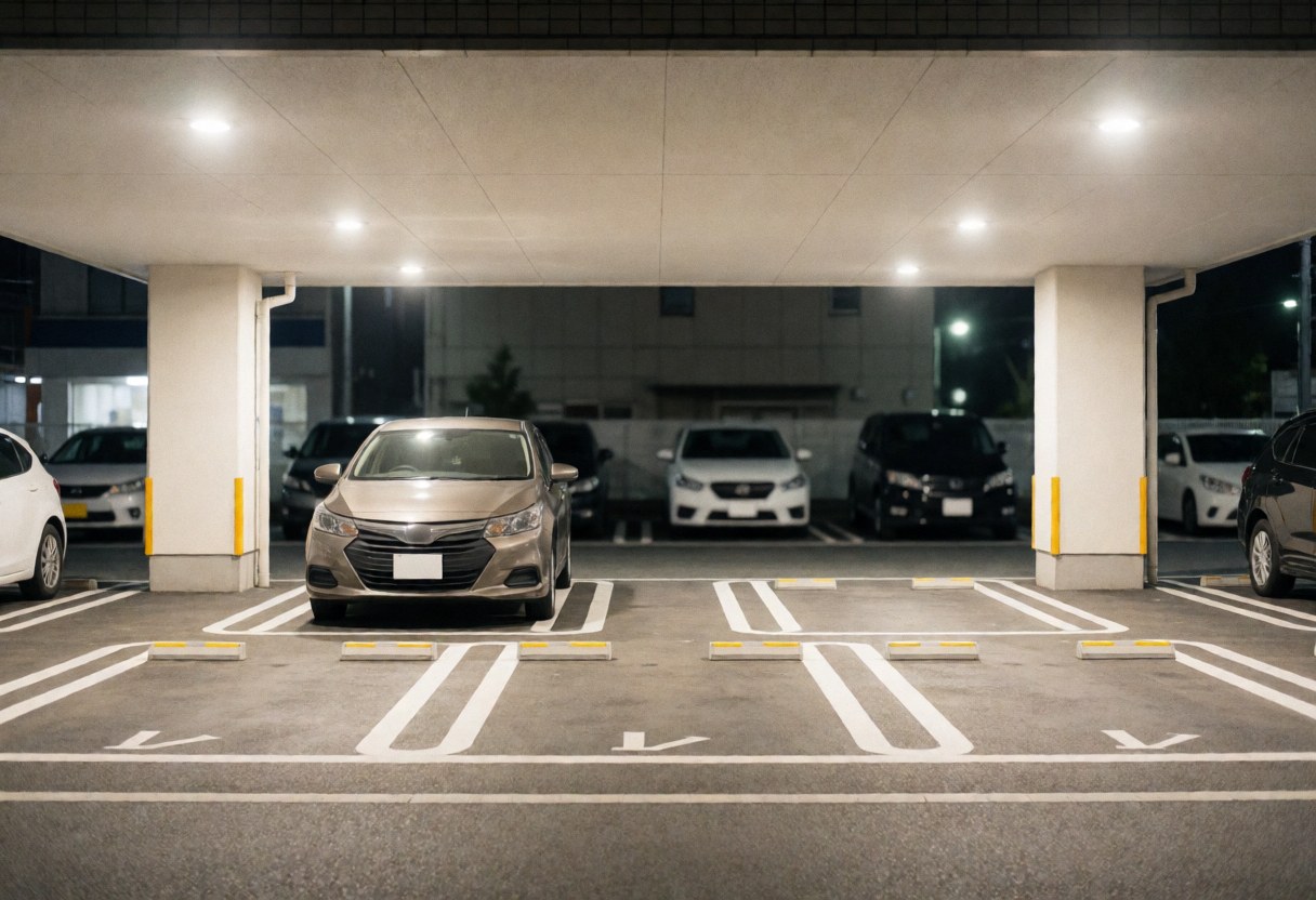 Véhicule garé dans un parking couvert avec marquages au sol visibles et éclairage artificiel, adapté aux services de transport.