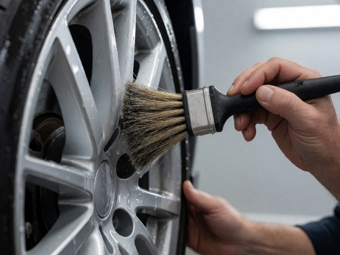 Une main applique un produit nettoyant sur une jante à rayons métalliques brillants dans un atelier automobile.