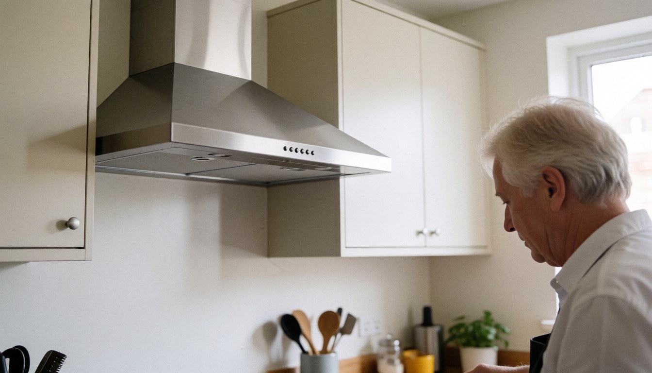Un homme âgé effectue une réparation sur une cuisinière en acier inoxydable dans une cuisine moderne aux armoires blanches et aux murs neutres baignée de lumière naturelle.