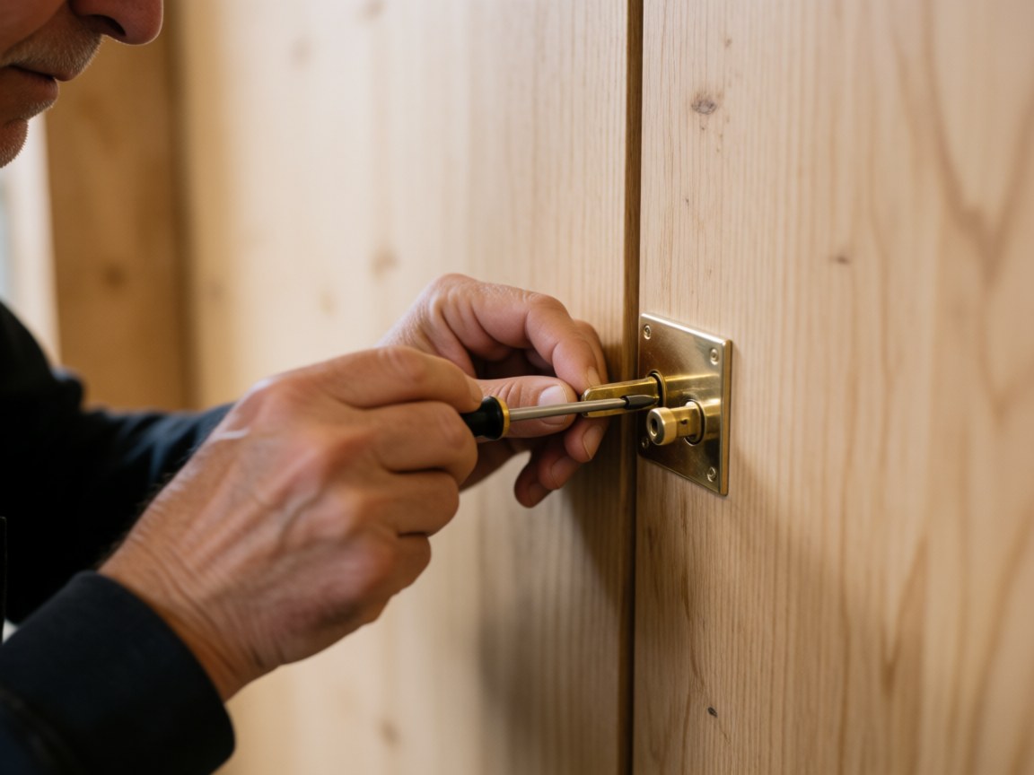 Technicien utilisant un outil pour ajuster une serrure sur une porte en bois, mettant en évidence le travail de précision et la réparation professionnelle.