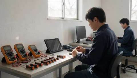 Un technicien effectue une réparation d'appareil électroménager dans un atelier bien éclairé, utilisant un multimètre et des tournevis.